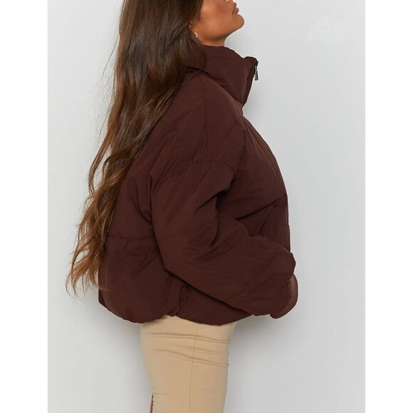 Women's Puffer Jacket Oversized Cropped Puffy Quilted Jackets Coat Chocolate - Picture 5 of 7